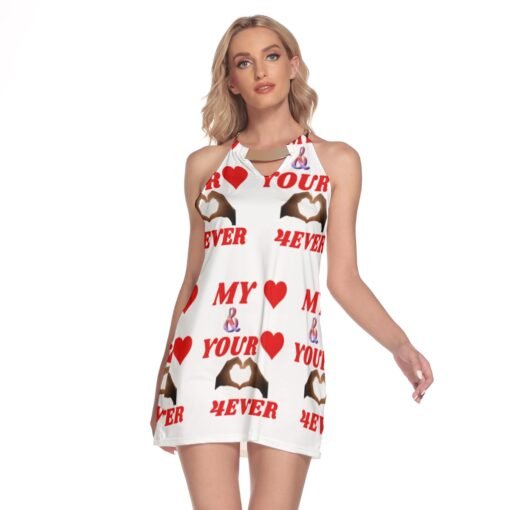 Women's Round Neck Above Knee White Dress With Red MHAYHTF