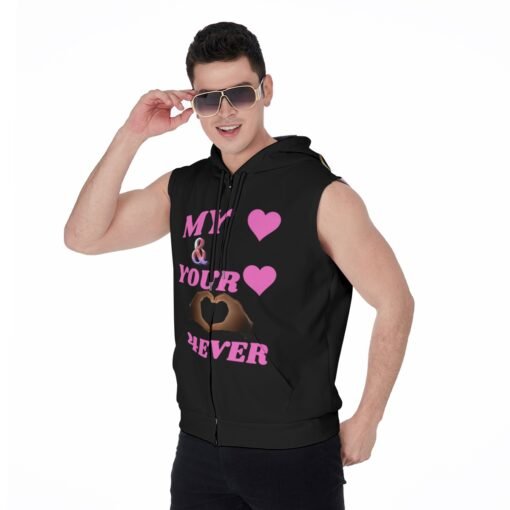 Men's Zipper-Up Black Sleeveless Hoodie MHAYHTF PINK Design - Image 3