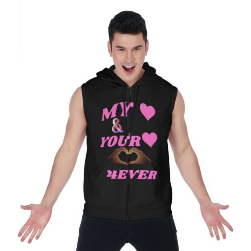 Men's Zipper-Up Black Sleeveless Hoodie with MHAYHTF Pink Design