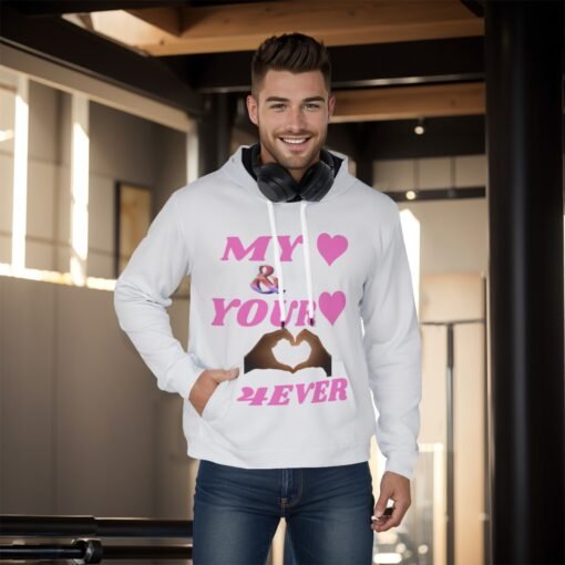 Men's Pink Pullover Hoodie with "My Heart And Your Heart Together Forever" design, shown in a relaxed fit