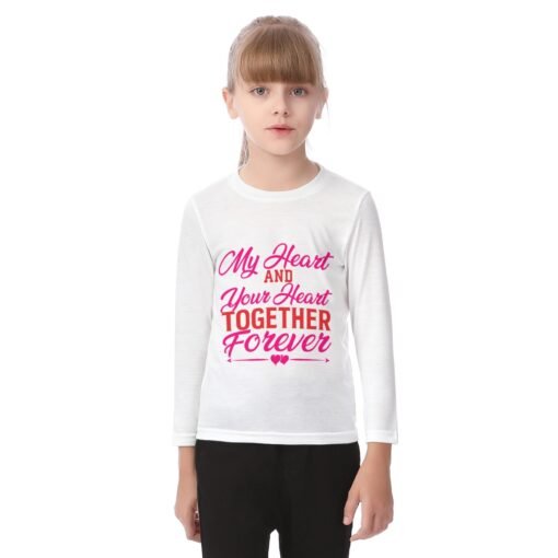 Kid wearing a white round-neck long sleeve t-shirt featuring a heart design from the MHAYHTF Collection.