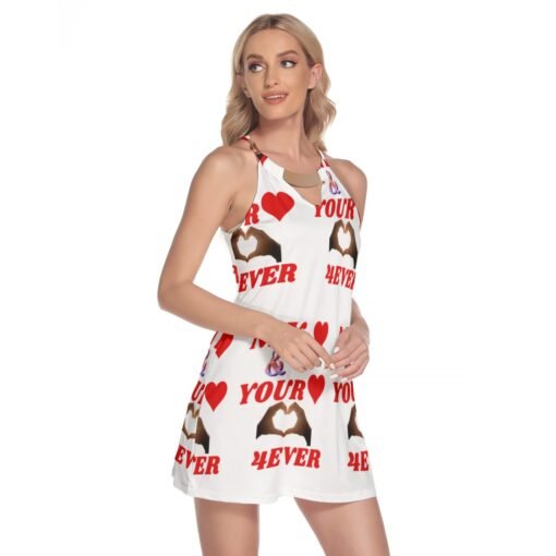 Women's Round Neck Above Knee White Dress With Red MHAYHTF - Image 3