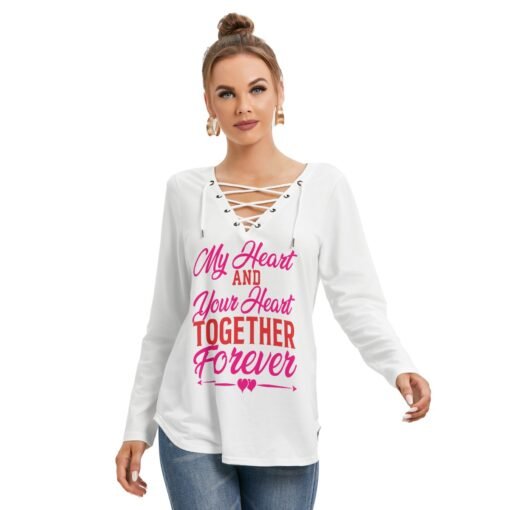 Women's Long Sleeve Neckline Tie White Sweatshirt from MHAYHTF collection, featuring a stylish tie detail and soft fabric.