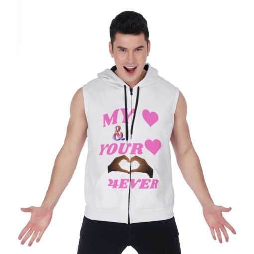 Men's Zipper-Up White Sleeveless Hoodie with MHAYHTF Pink Design