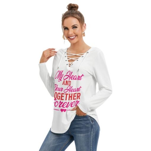 Women's Long Sleeve Neckline Tie White Sweatshirt MHAYHTF - Image 3