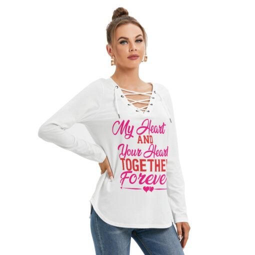 Women's Long Sleeve Neckline Tie White Sweatshirt MHAYHTF - Image 2